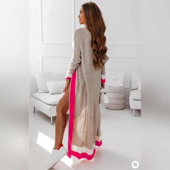 "CERSEI" ITALIAN DESIGNER CARDIGAN LONGLINE COLOR BLOCK IN HOT PINK - US 10-12 - Picture 8 of 11